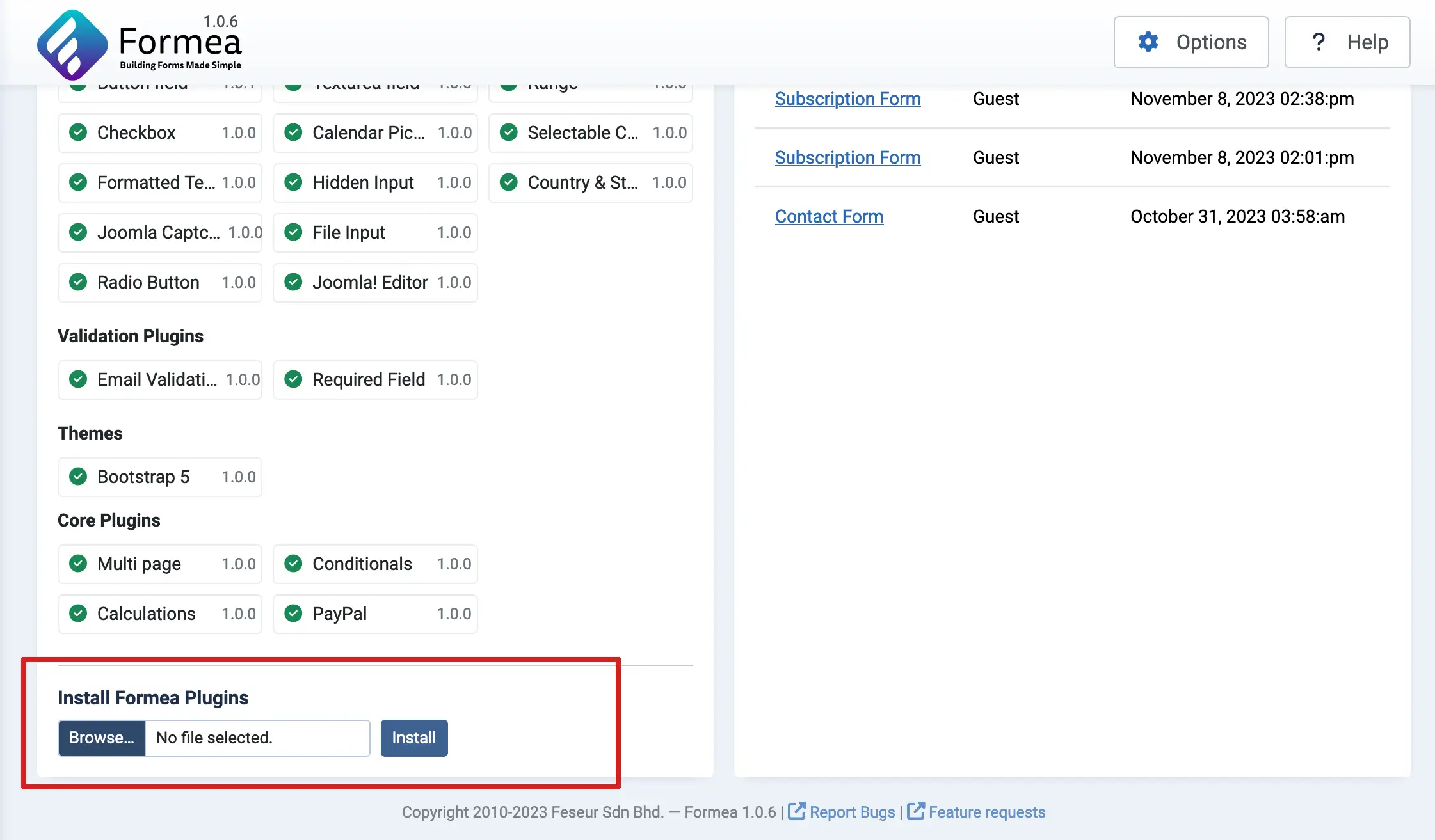 Install Formea elements via upload at dashboard